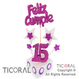 ADORNO ESCENOGRAFIA CUBITO 15 AOS F/CUMPLE TEL 15 FUCSIA BASE BLANCA x 1